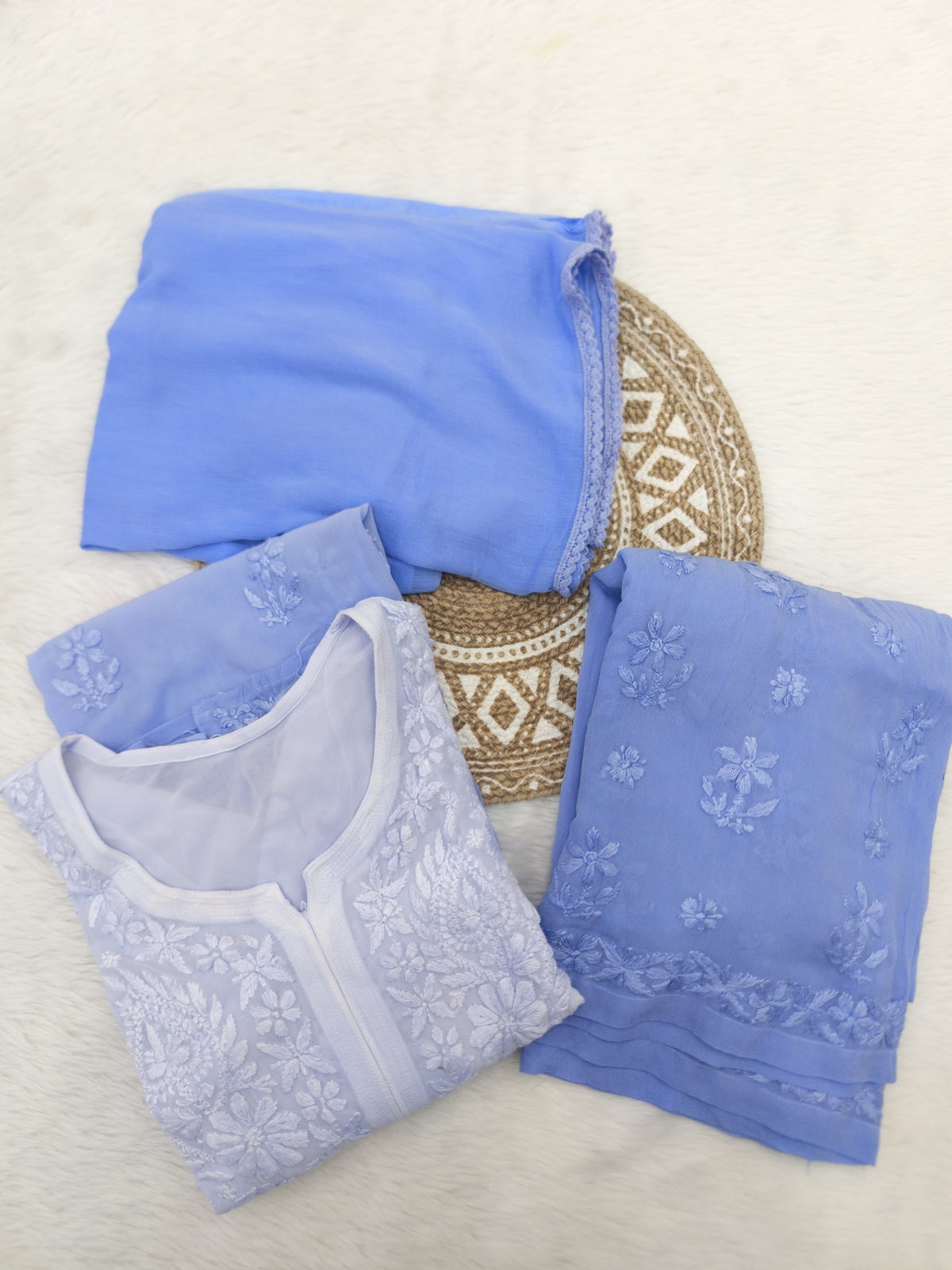 Premium Viscose fabric handwork chikankari kurti palazzo dupatta set