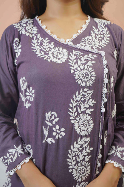 Chikankari Angrakha Pattern Kurta in Soft Rayon Fabric