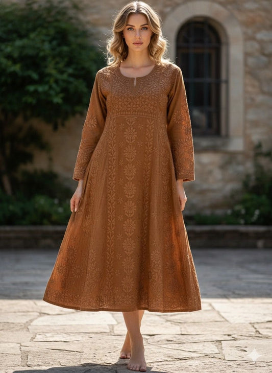 Dobby Cotton Handwork Flared Gown | Soft Dobby Cotton Dress | Ethnic FlaredGown for Women