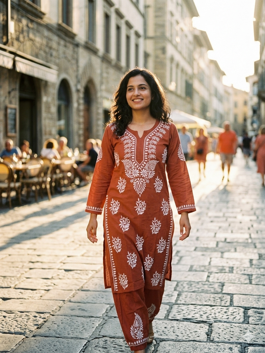 Rayon Fabric V-Neck Chikankari kurti & Pant Set