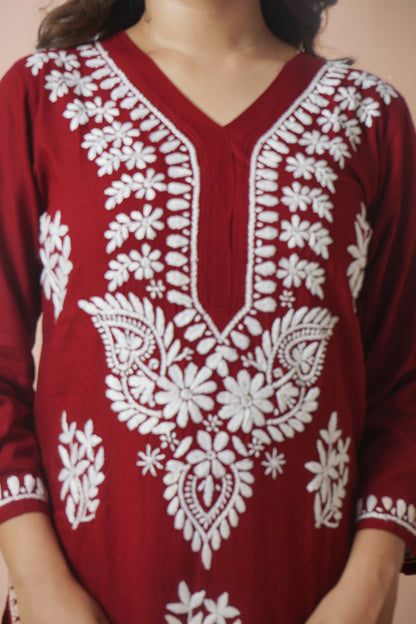 Rayon Fabric V-Neck Chikankari kurti & Pant Set