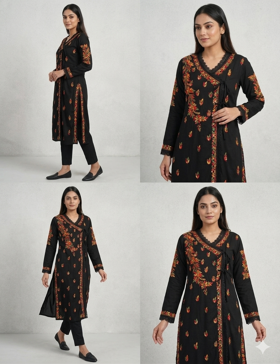 Exquisite Hand-Embroidered Rayon Angrakha Kurti – Multi-Thread Floral Artistry