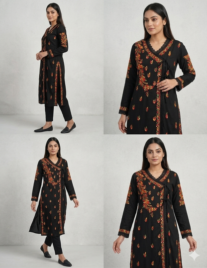 Exquisite Hand-Embroidered Rayon Angrakha Kurti – Multi-Thread Floral Artistry