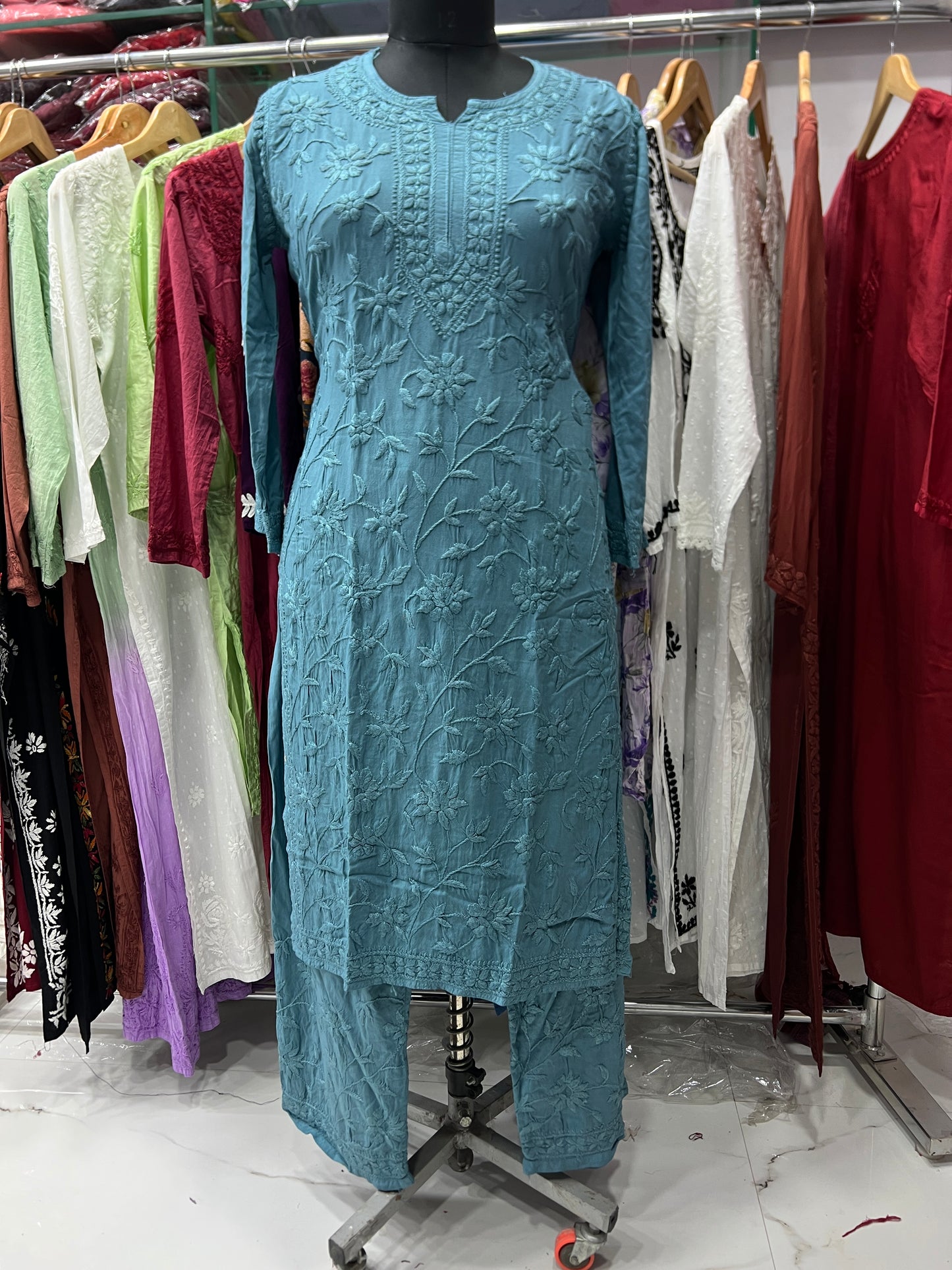 Rayon Fabric Heavy Jaal Work Chikankari kurti & Palazzo Set