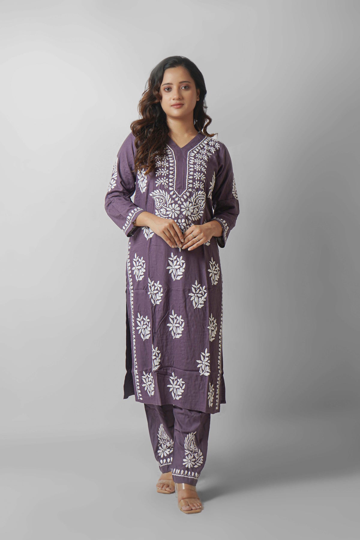 Rayon Fabric V-Neck Chikankari kurti & Pant Set