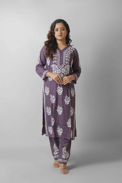 Rayon Fabric V-Neck Chikankari kurti & Pant Set