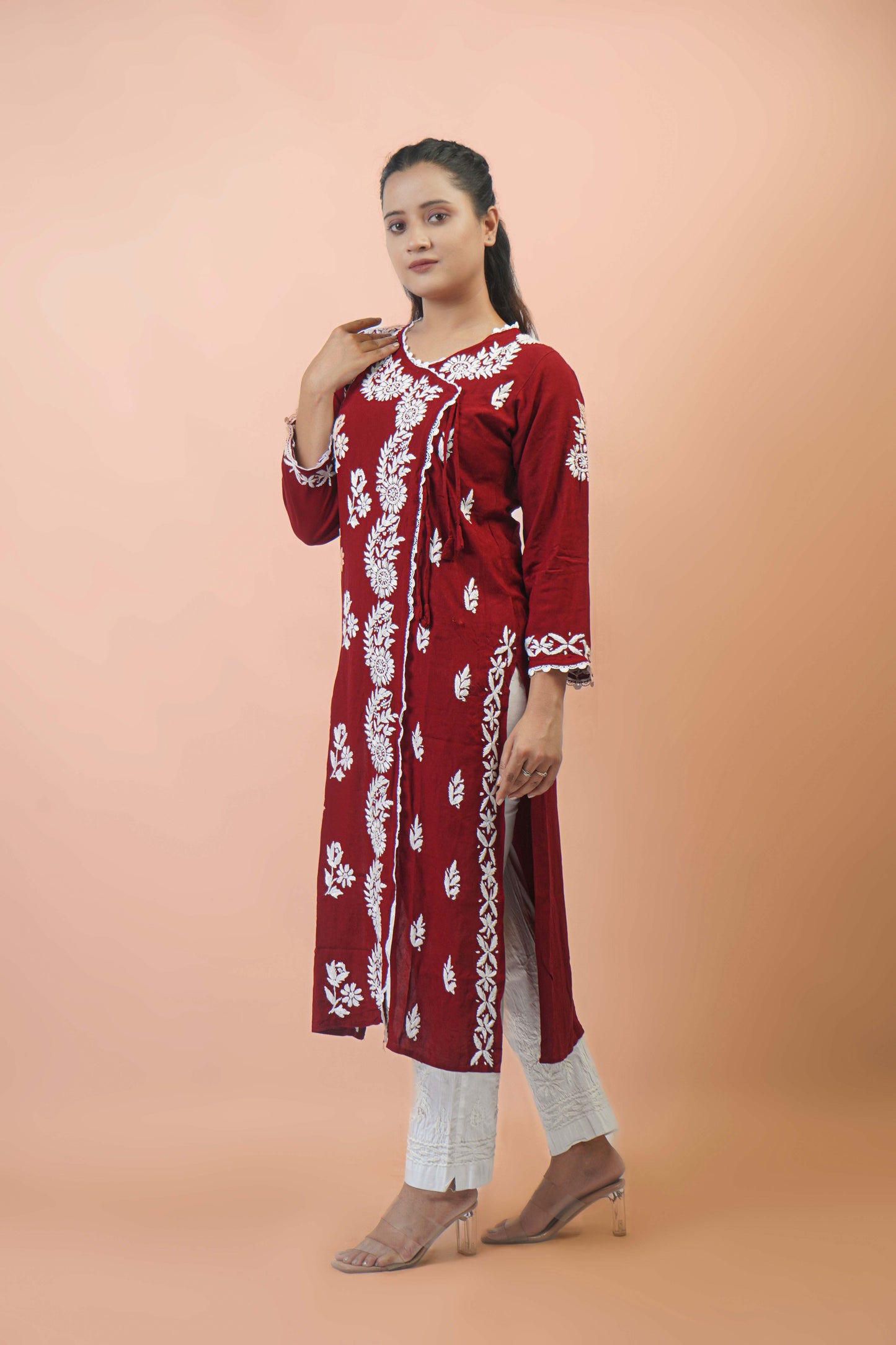 Chikankari Angrakha Pattern Kurta in Soft Rayon Fabric