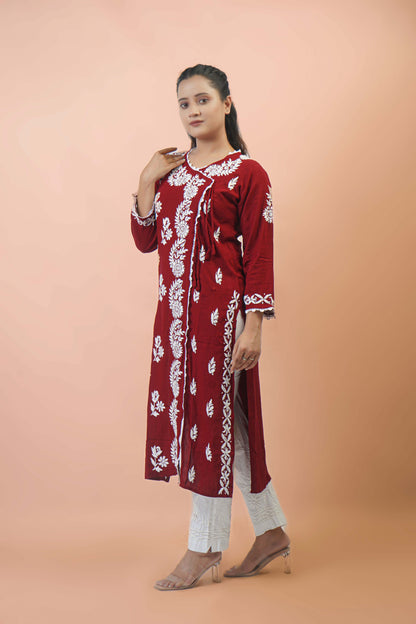 Chikankari Angrakha Pattern Kurta in Soft Rayon Fabric