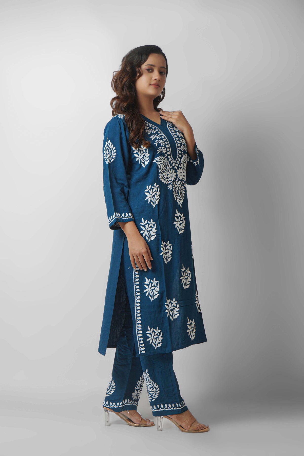 Rayon Fabric V-Neck Chikankari kurti & Pant Set