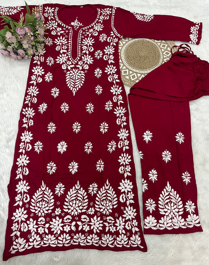 Hemlata Rayon Fabric Hand Crafted Chikanakri Kurti Palazzo Set