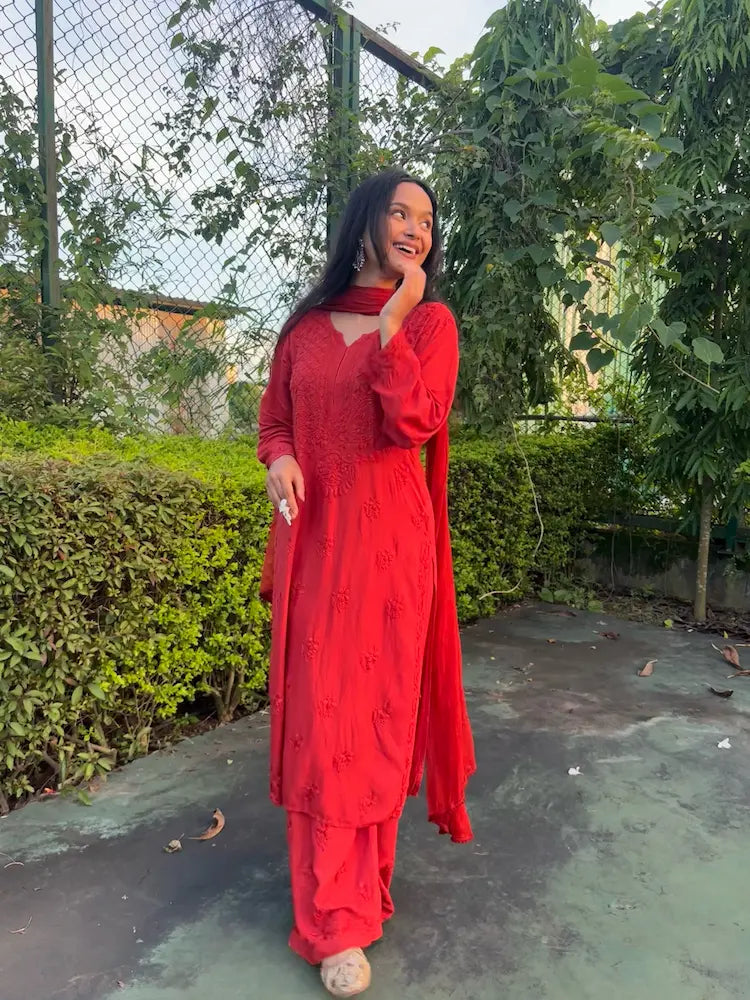 (Plus Size Available)Elegant Soft Rayon Lucknowi Chikankari 3-Piece Suit Set