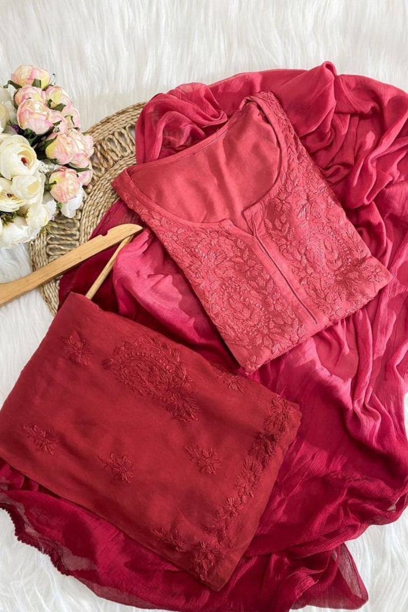 Hand Crafted Chikanakri Soft Rayon Fabric Kurti Palazo & Dupatta Sets