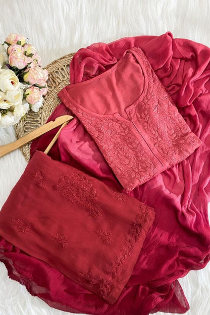 Hand Crafted Chikanakri Soft Rayon Fabric Kurti Palazo & Dupatta Sets