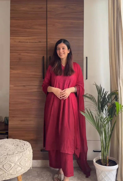 Hand Crafted Chikanakri Soft Rayon Fabric Kurti Palazo & Dupatta Sets