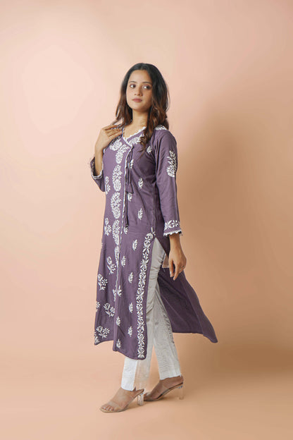 Chikankari Angrakha Pattern Kurta in Soft Rayon Fabric