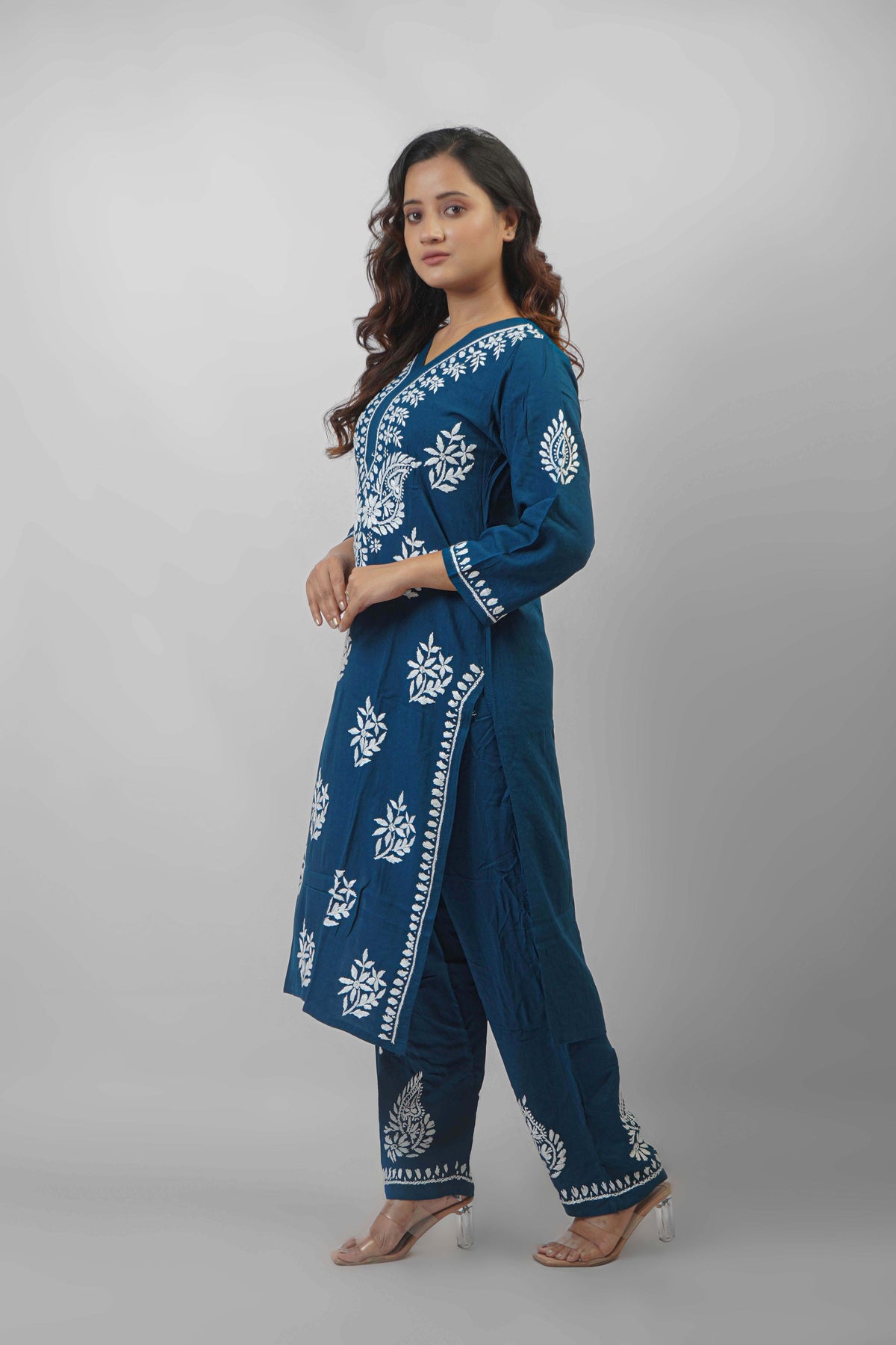 Rayon Fabric V-Neck Chikankari kurti & Pant Set