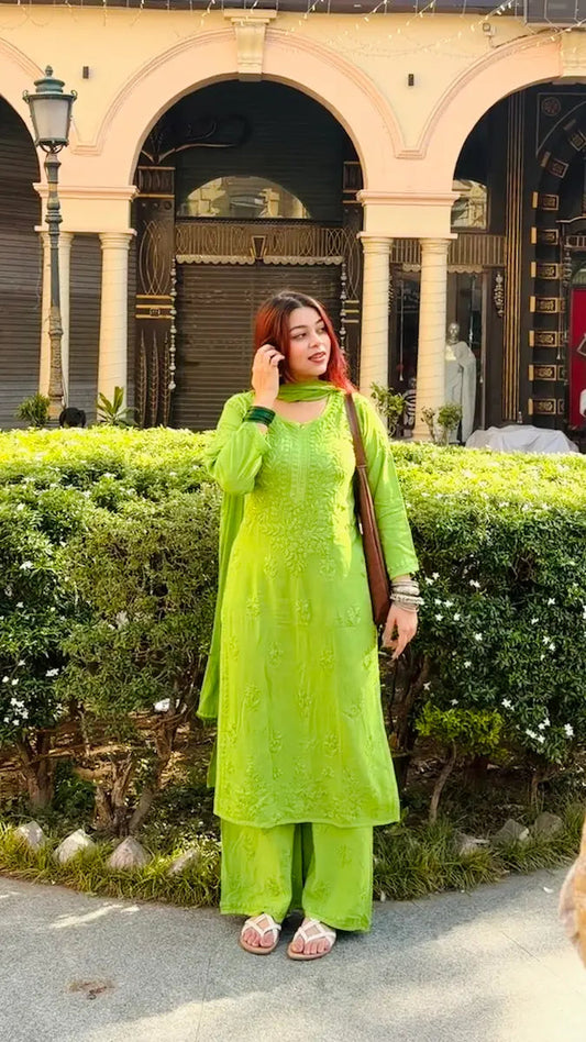 (Plus Size Available)Elegant Soft Rayon Lucknowi Chikankari 3-Piece Suit Set