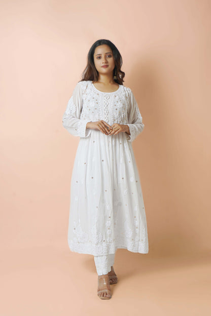 Premium White Chikankari Anarkali Gown with Mukaish Work & Intricate Embroidery