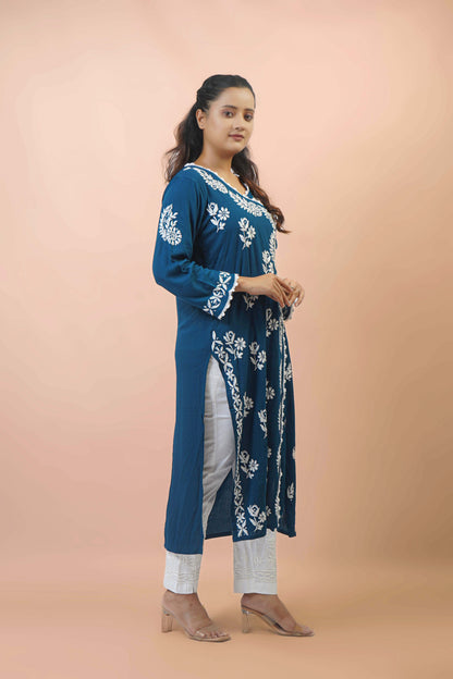 Chikankari Angrakha Pattern Kurta in Soft Rayon Fabric