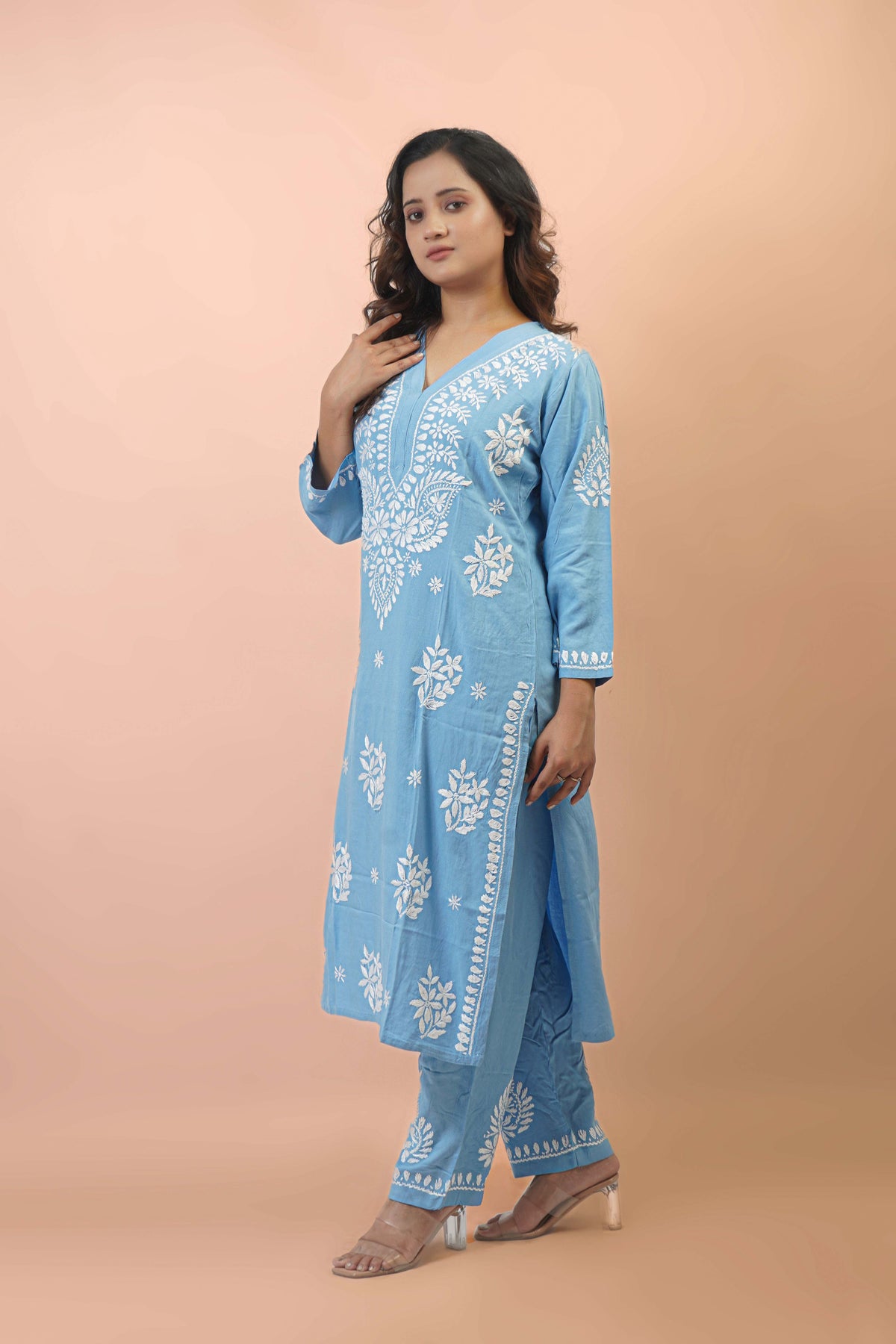 Rayon Fabric V-Neck Chikankari kurti & Pant Set