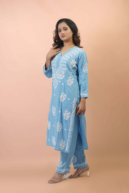 Rayon Fabric V-Neck Chikankari kurti & Pant Set