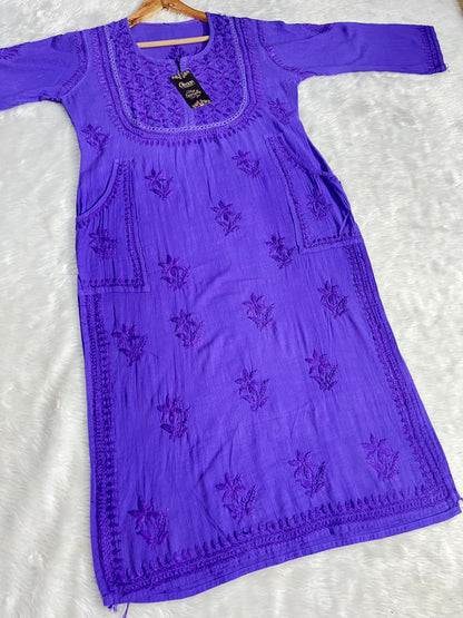 Linen Cotton Handwork Beautiful Shades kurti having Side Pockets