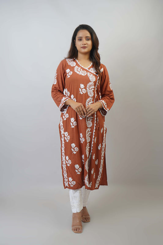 Chikankari Angrakha Pattern Kurta in Soft Rayon Fabric