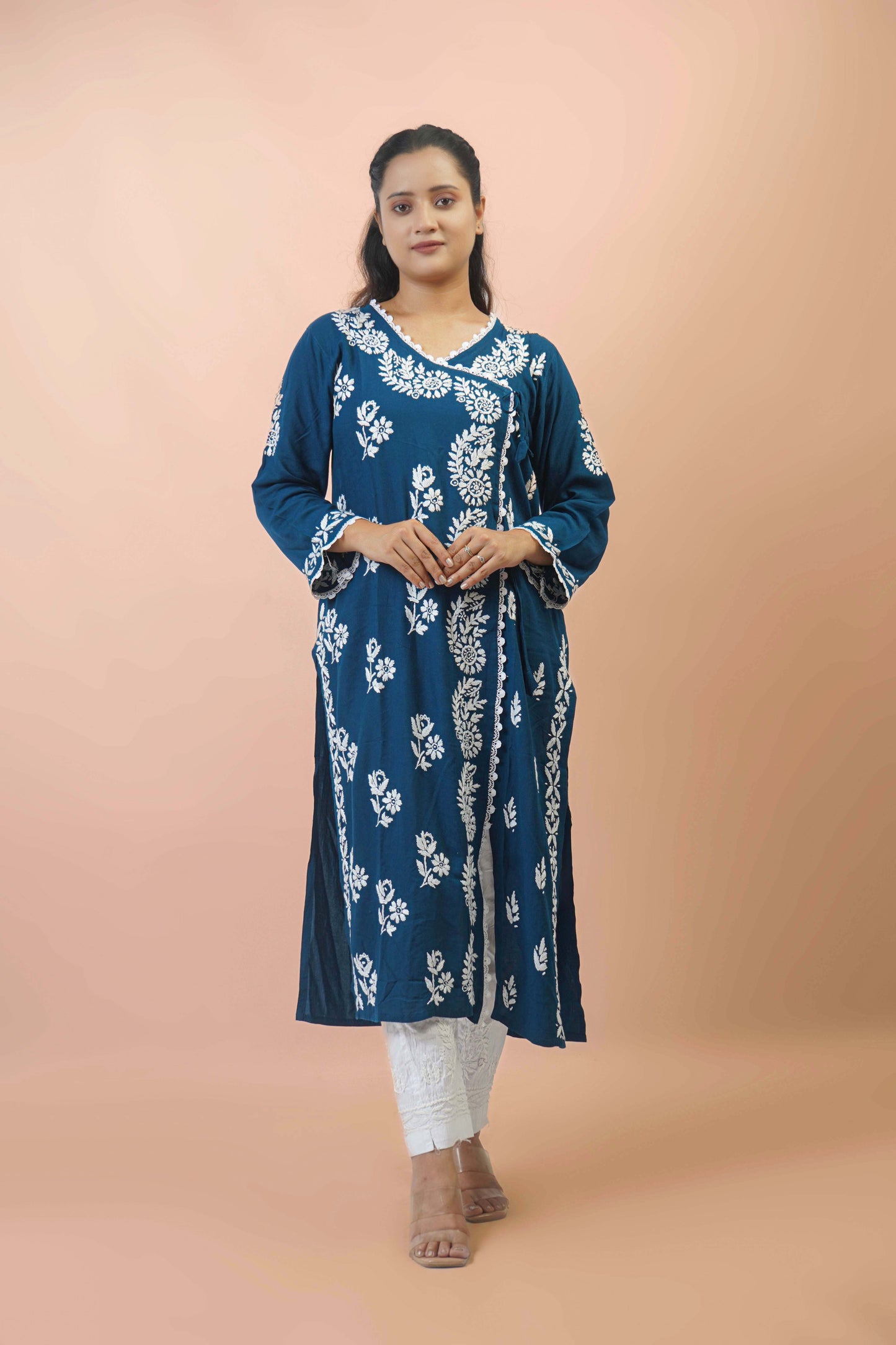 Chikankari Angrakha Pattern Kurta in Soft Rayon Fabric