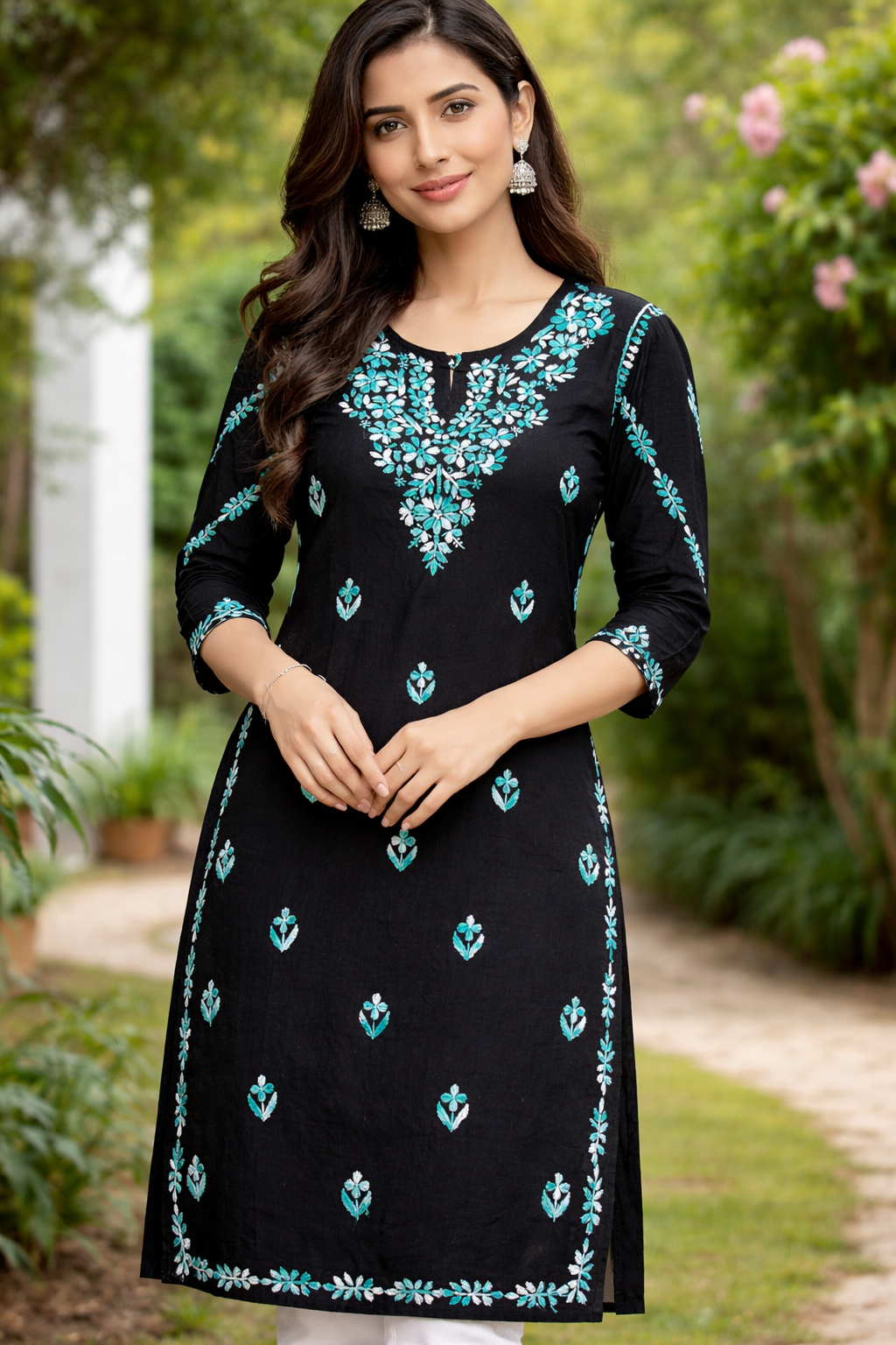 Black Handcrafted Chikankari Kurti with Dual Thread Work | Lucknowi Cotton Kurti for Women