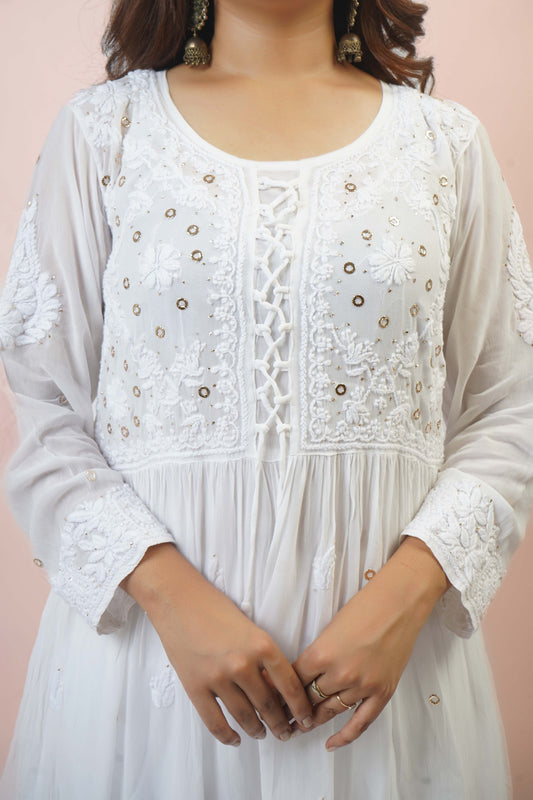Premium White Chikankari Anarkali Gown with Mukaish Work & Intricate Embroidery