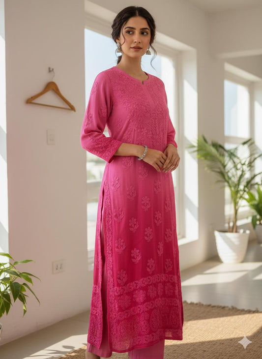Ethnic Ombre Viscose Kurti with Exquisite 3D Chikanakari Embroidery