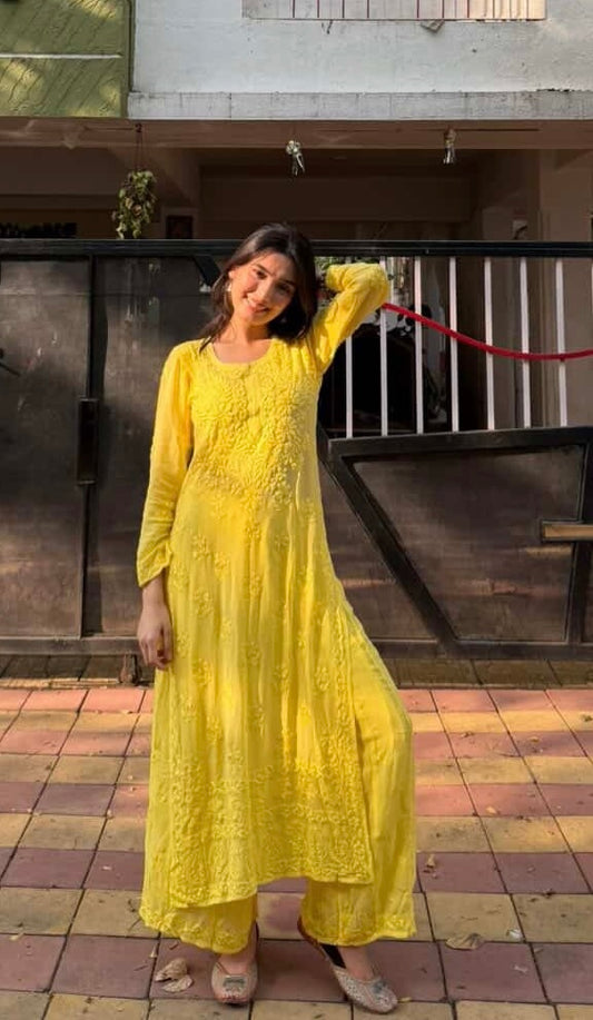 Roohaniyat Ombre Viscose Handwork Kurti & Palazzo Set – Premium Chikankari Elegance