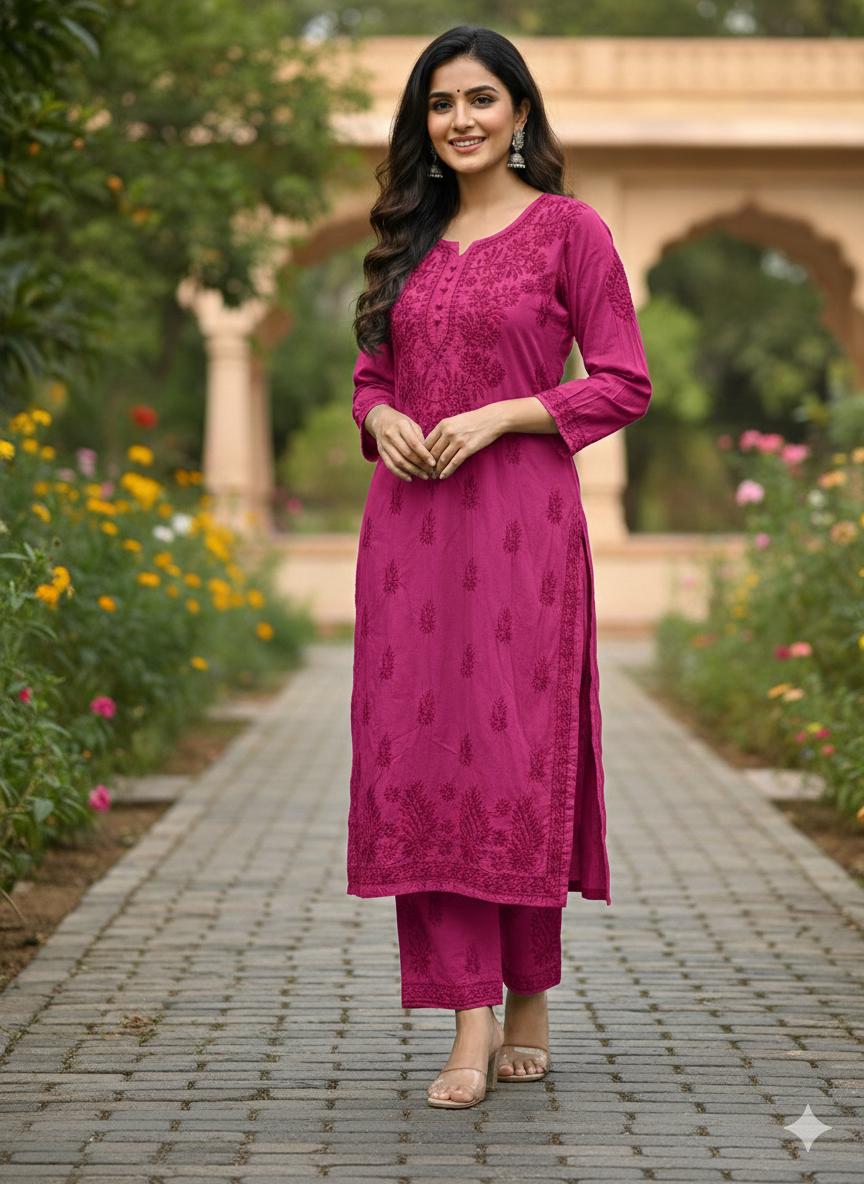 Handcrafted Elegance: Modal Chikankari Kurti & Palazzo Set