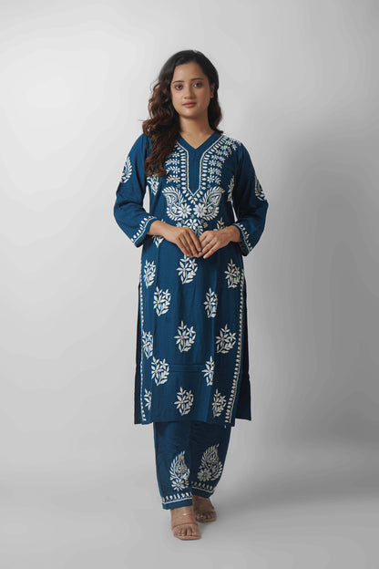 Rayon Fabric V-Neck Chikankari kurti & Pant Set