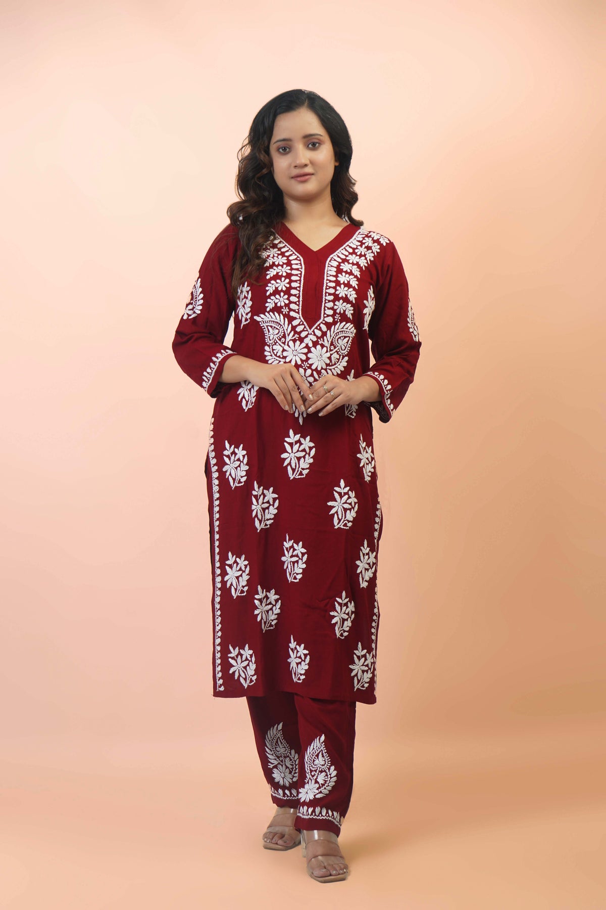 Rayon Fabric V-Neck Chikankari kurti & Pant Set
