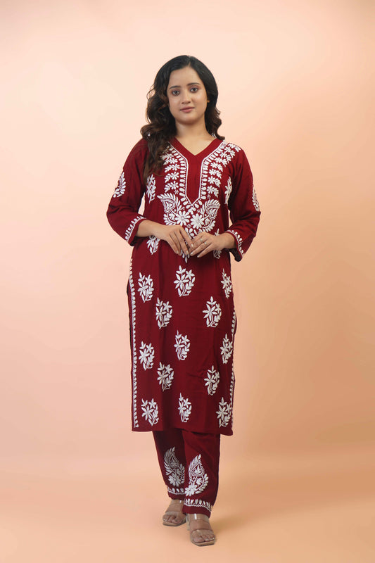 Rayon Fabric V-Neck Chikankari kurti & Pant Set