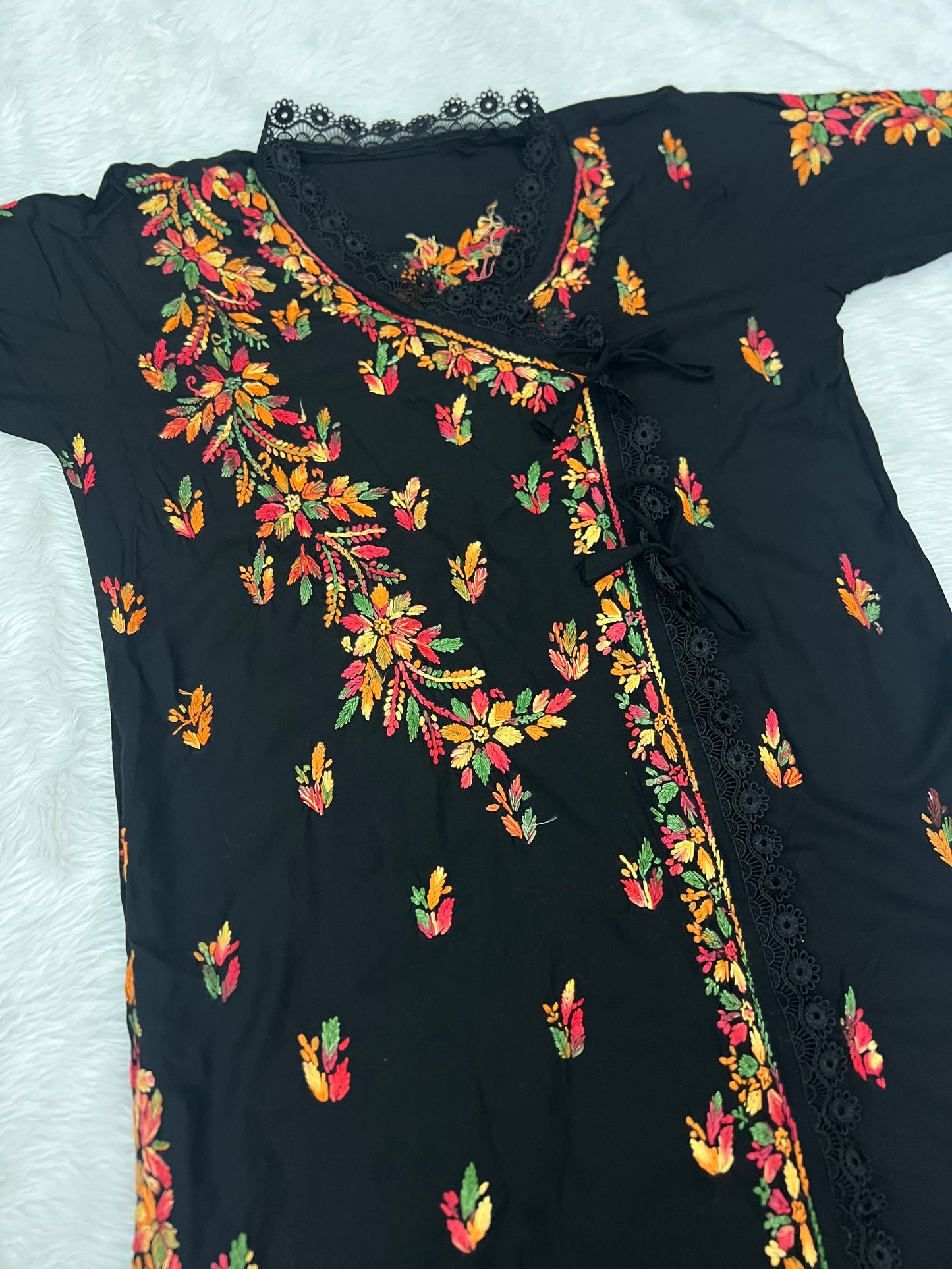 Exquisite Hand-Embroidered Rayon Angrakha Kurti – Multi-Thread Floral Artistry