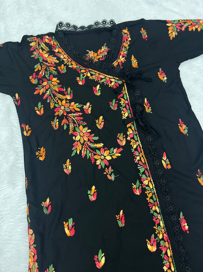 Exquisite Hand-Embroidered Rayon Angrakha Kurti – Multi-Thread Floral Artistry