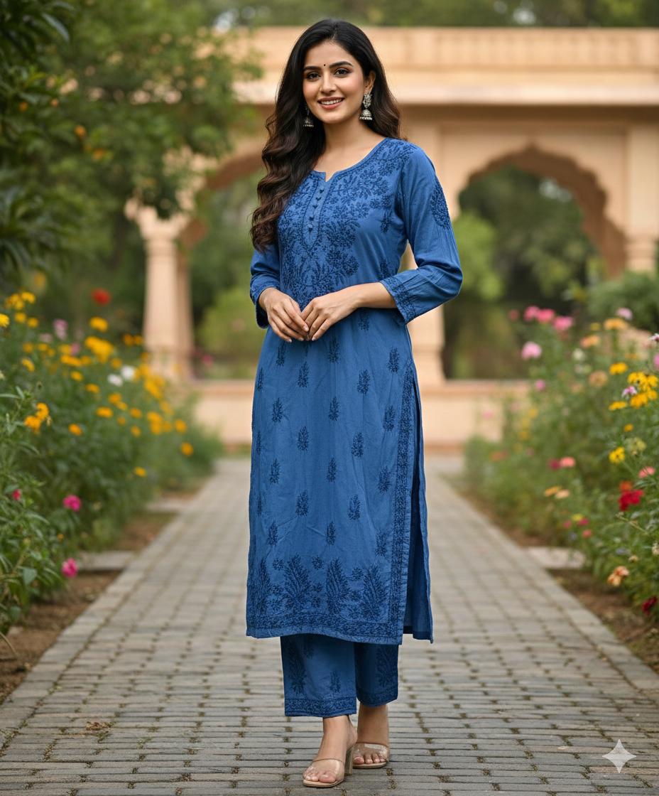 Handcrafted Elegance: Modal Chikankari Kurti & Palazzo Set
