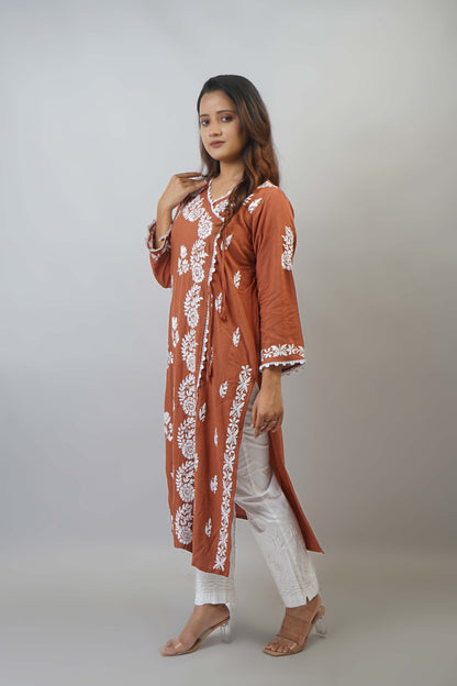 Chikankari Angrakha Pattern Kurta in Soft Rayon Fabric