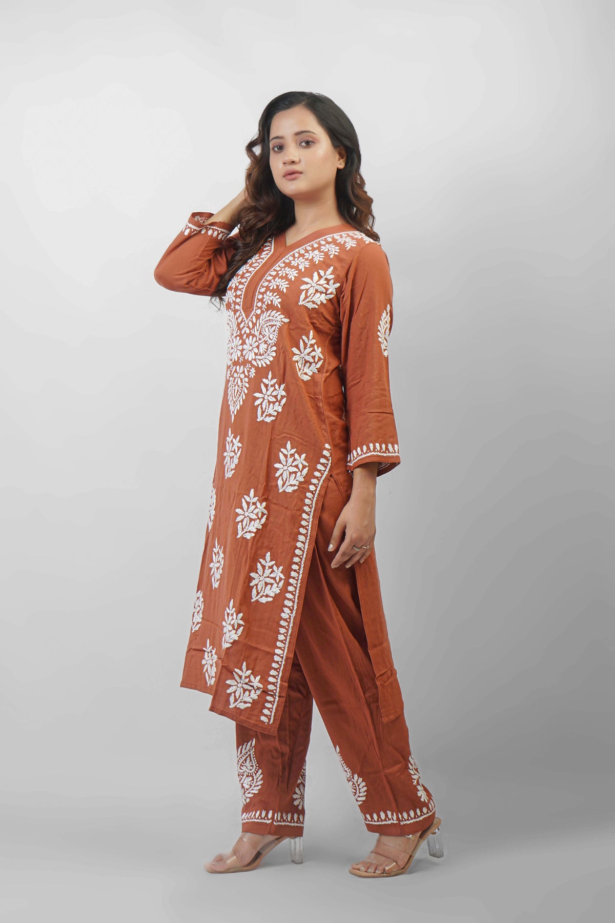 Rayon Fabric V-Neck Chikankari kurti & Pant Set