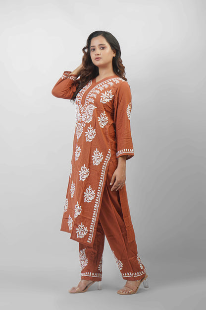 Rayon Fabric V-Neck Chikankari kurti & Pant Set