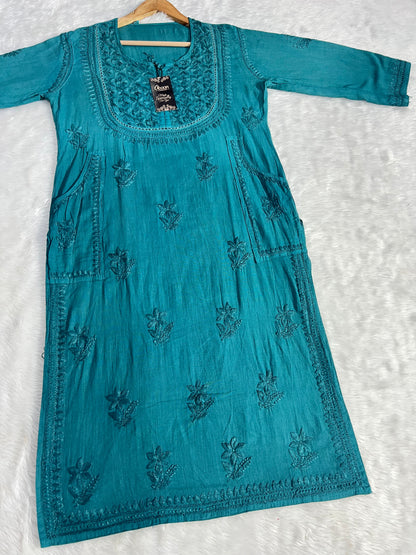 Linen Cotton Handwork Beautiful Shades kurti having Side Pockets