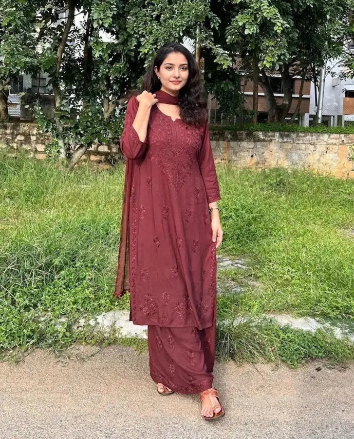 Hand Crafted Chikanakri Soft Rayon Fabric Kurti Palazo & Dupatta Sets
