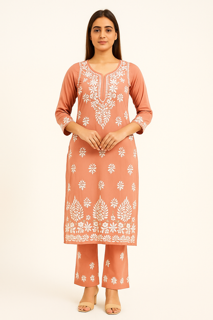 Hemlata Rayon Fabric Hand Crafted Chikanakri Kurti Palazzo Set