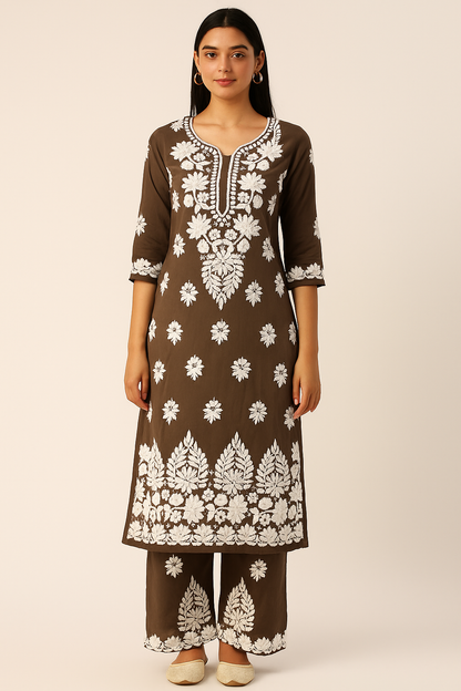 Hemlata Rayon Fabric Hand Crafted Chikanakri Kurti Palazzo Set