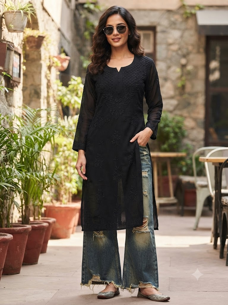 Hemlata Premium Dual Tone Viscose Fabric Handwork Chikankari Kurti