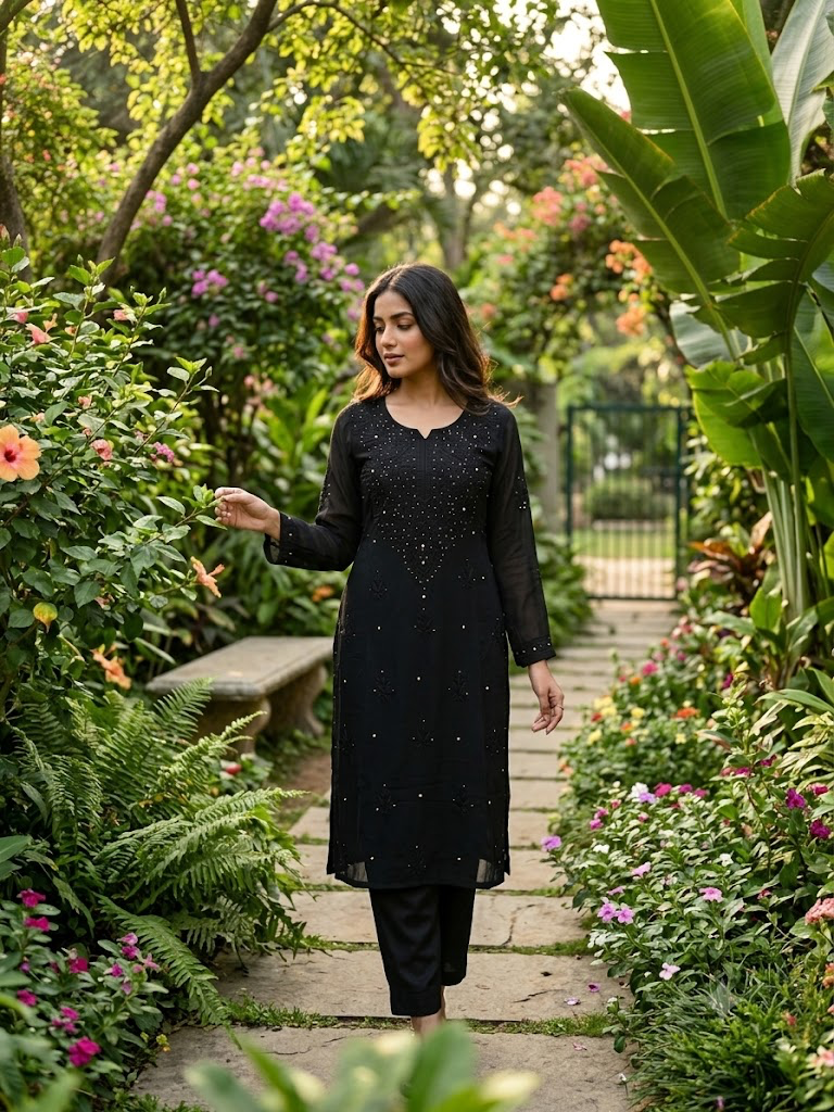 Plus size Handcrafted Chikankari Kurti with Muqaish Work