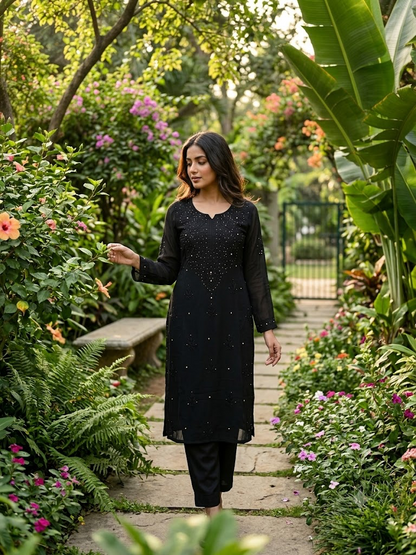 Plus size Handcrafted Chikankari Kurti with Muqaish Work