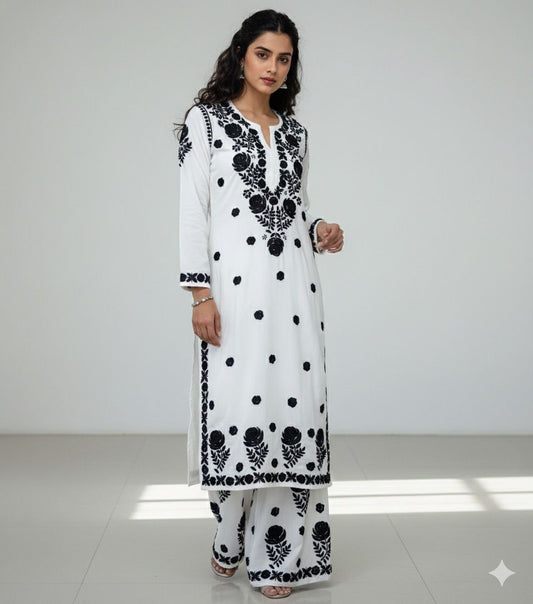 Rayon Handwork Black Thread Chikankari Kurti Palazzo Set – Elegant Ethnic Wear for Women